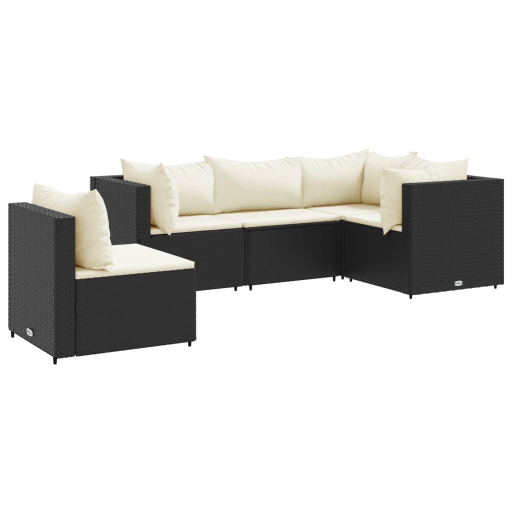 5 Piece Patio Lounge Set with Cushions Black Poly Rattan