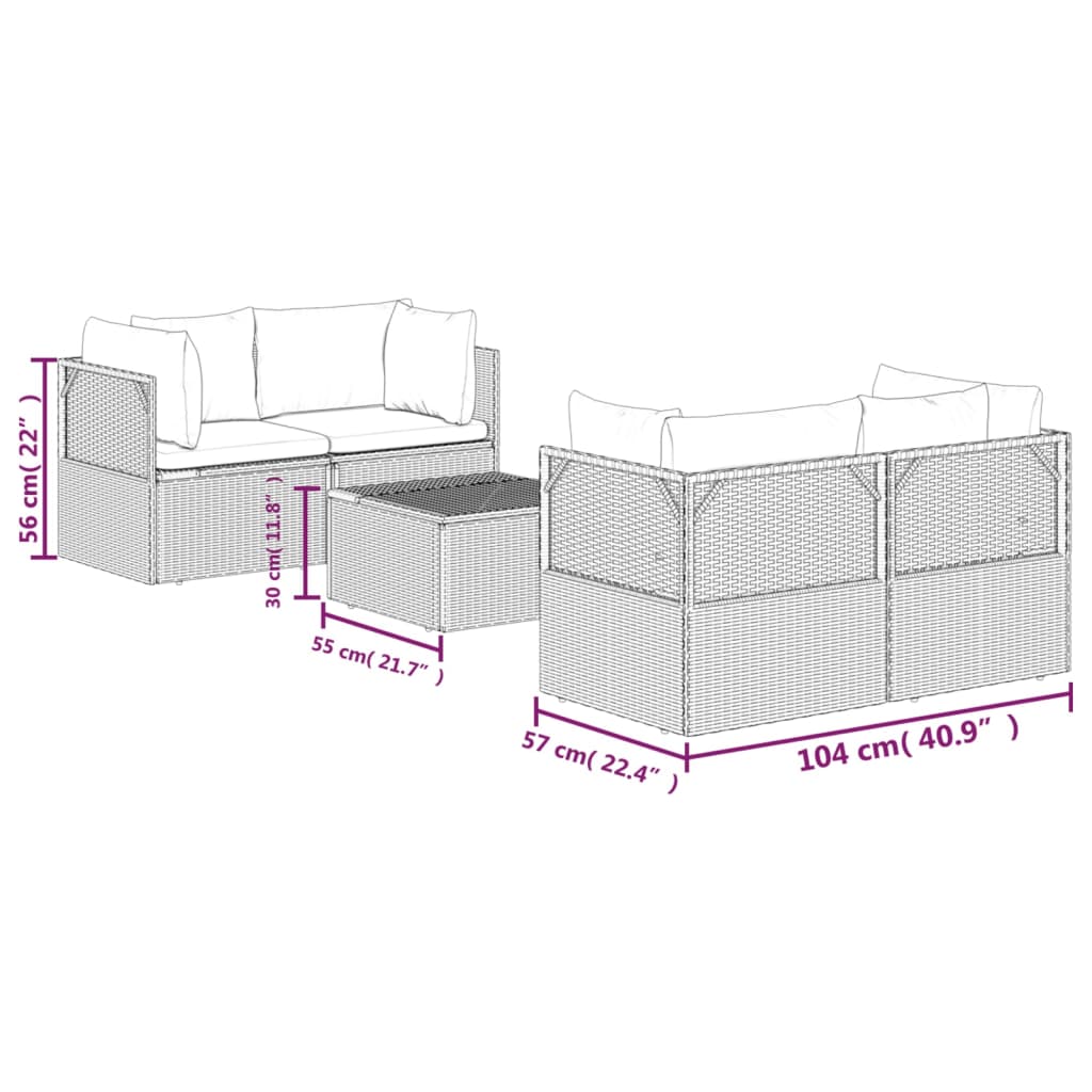 5 Piece Patio Lounge Set with Cushions Gray Poly Rattan