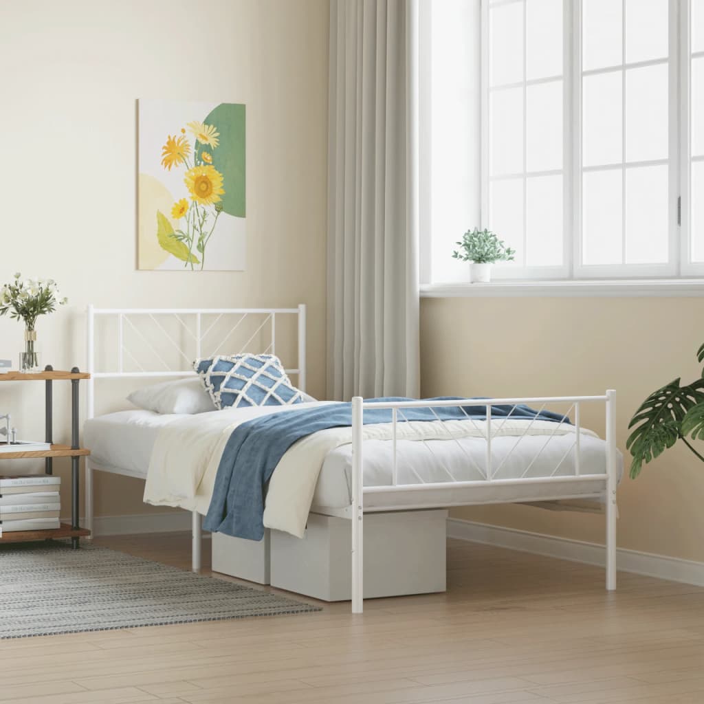 Metal Bed Frame without Mattress with Footboard White 39.4"x74.8"