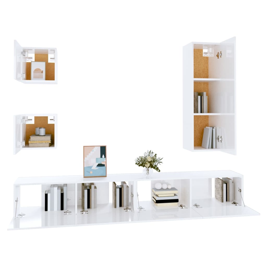 5 Piece TV Stand Set White Engineered Wood