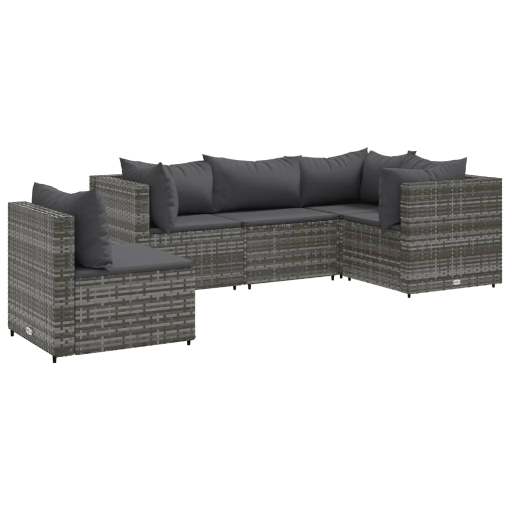 5 Piece Patio Lounge Set with Cushions Gray Poly Rattan