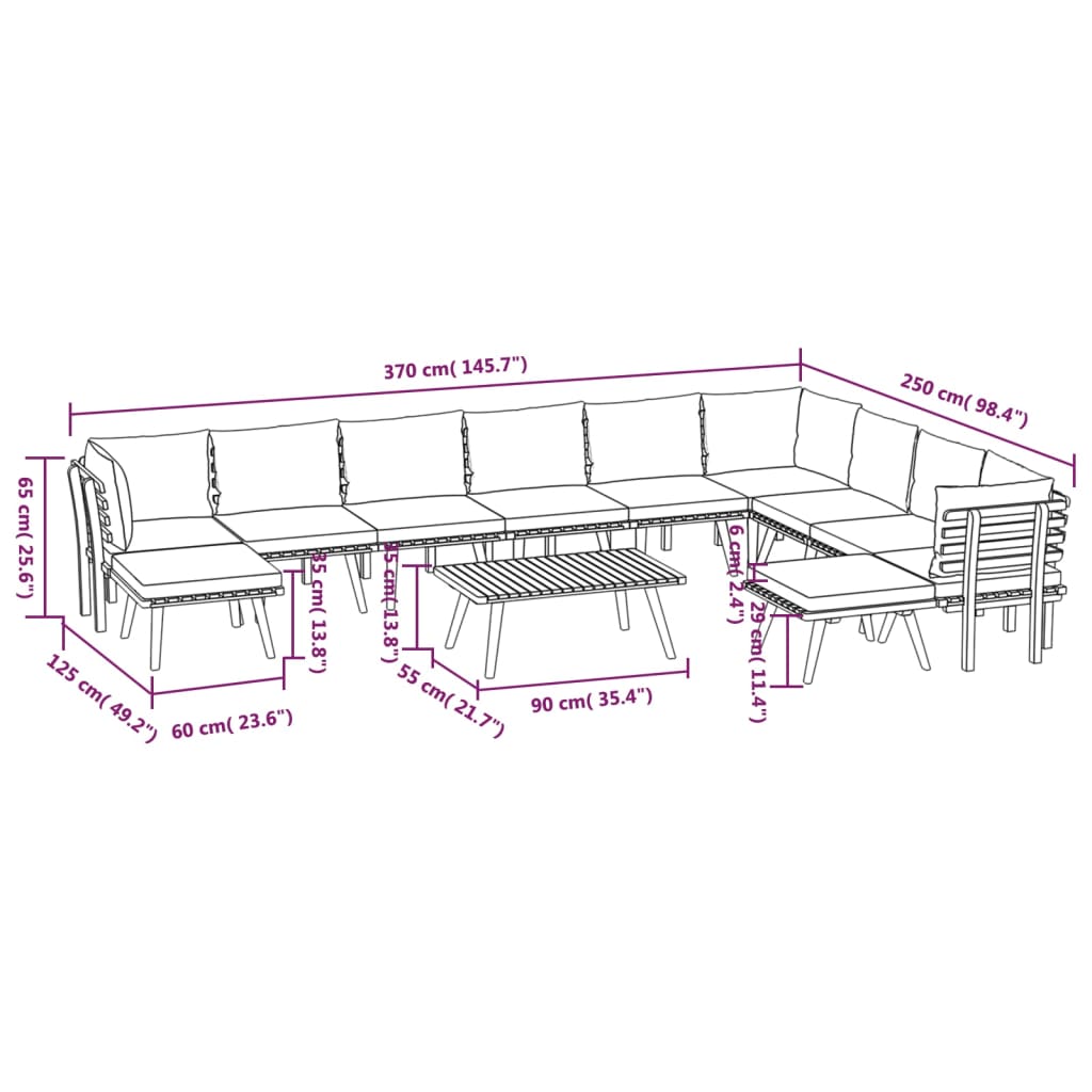 12 Piece Patio Lounge Set with Cushions Solid Acacia Wood