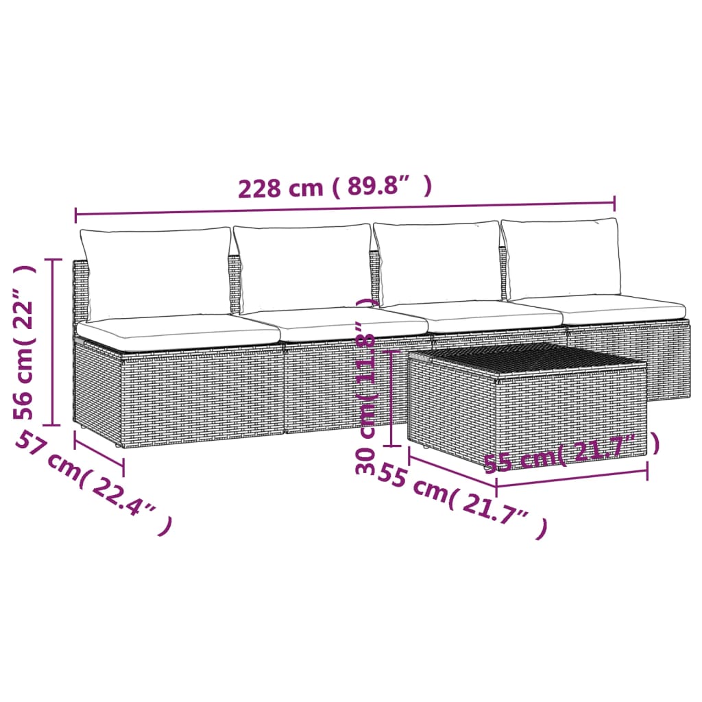 5 Piece Patio Lounge Set with Cushions Gray Poly Rattan