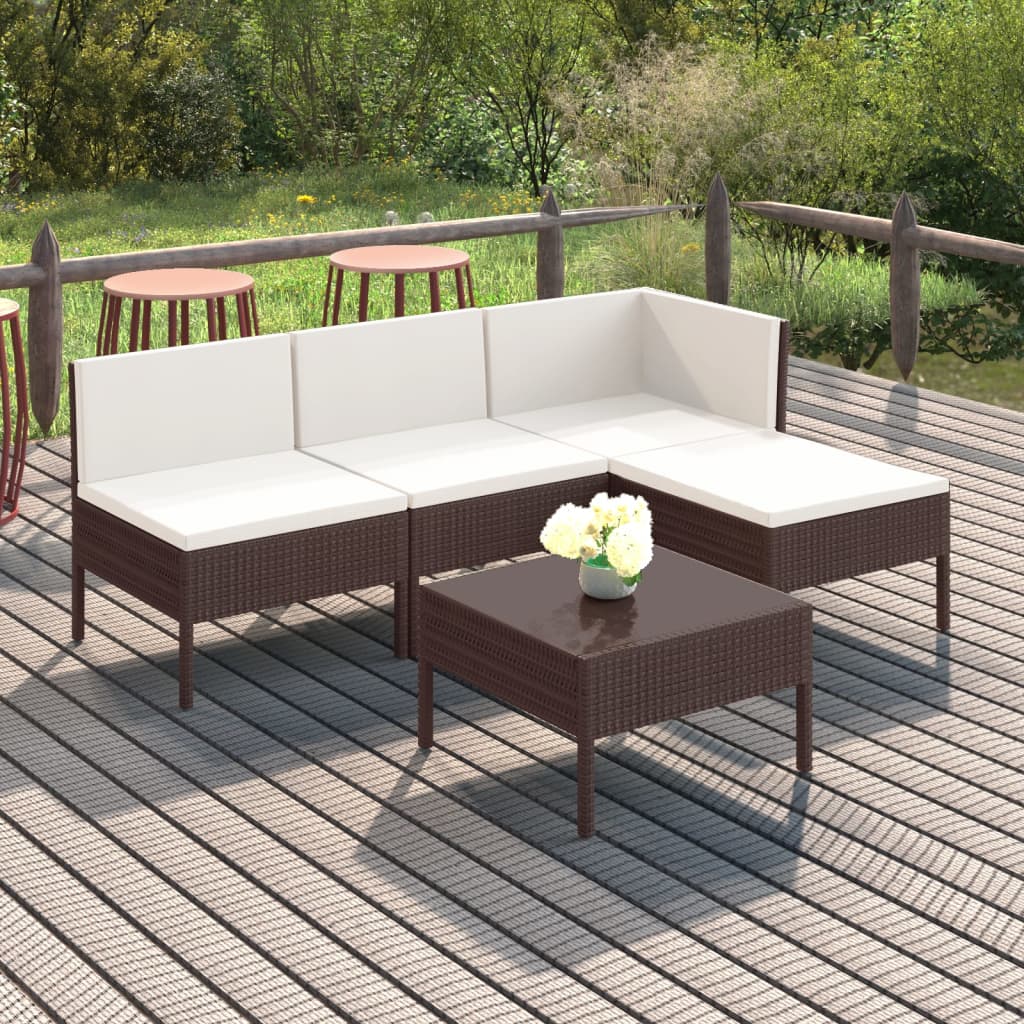 5 Piece Patio Lounge Set with Cushions Poly Rattan Brown