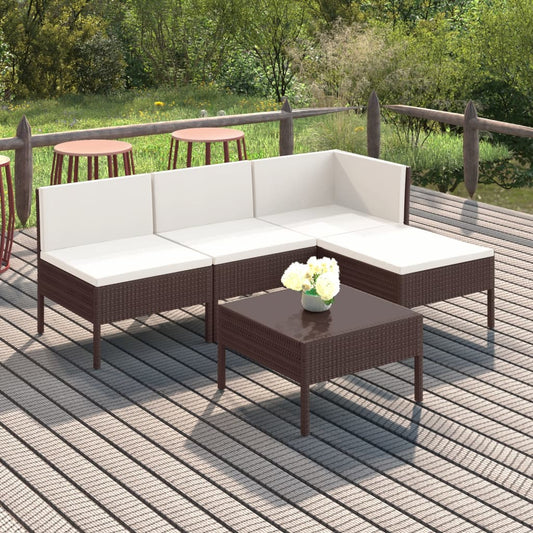 5 Piece Patio Lounge Set with Cushions Poly Rattan Brown