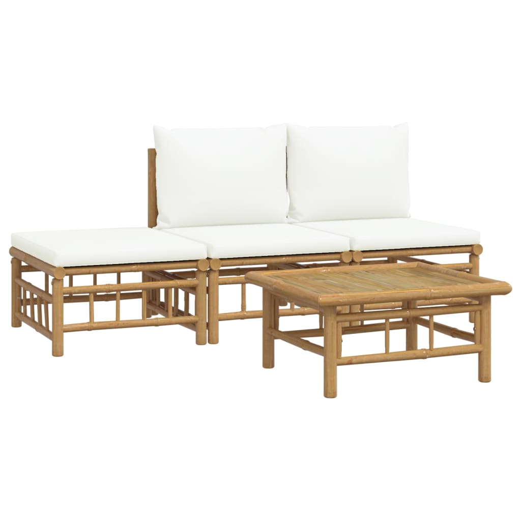 4 Piece Patio Lounge Set with Cream White Cushions Bamboo