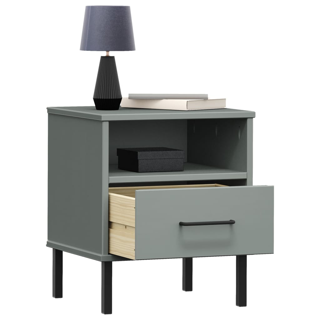 Bedside Cabinet with Metal Legs Gray Solid Wood Pine OSLO