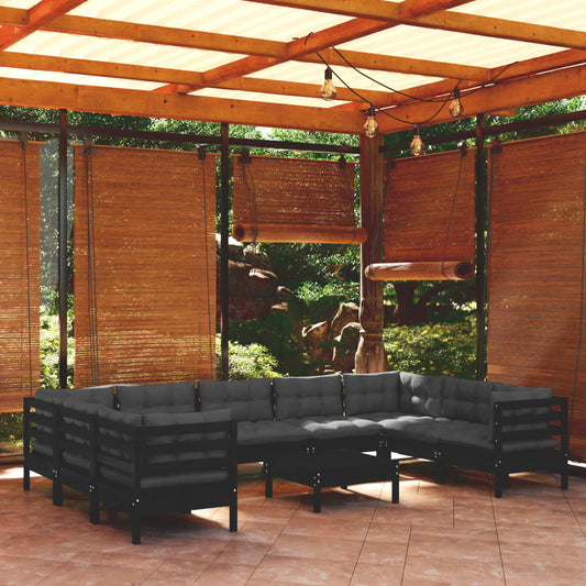 10 Piece Patio Lounge Set with Cushions Black Pinewood