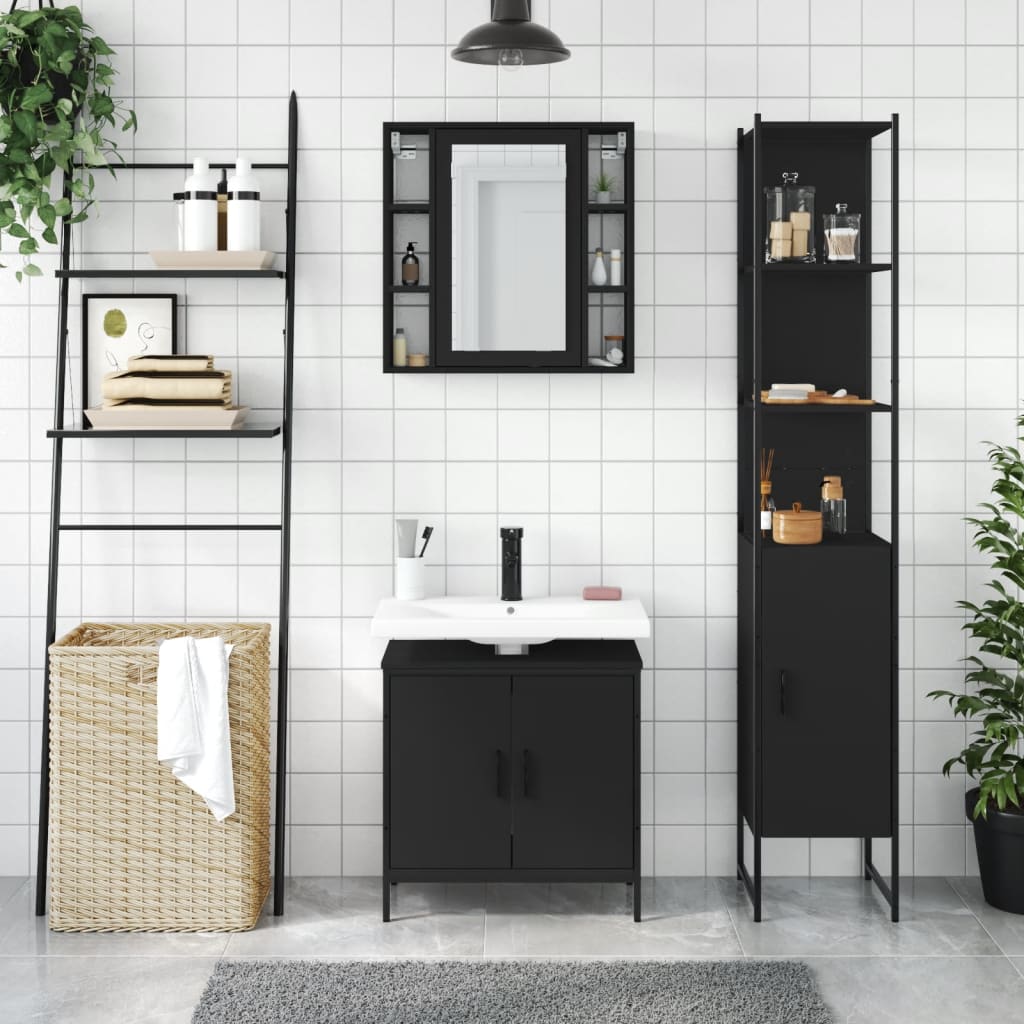 3 Piece Bathroom Cabinet Set Black Engineered Wood