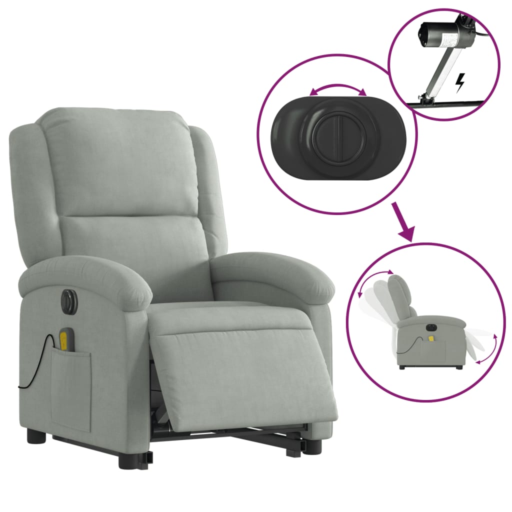 Electric Stand up Massage Recliner Chair Light Gray Velvet