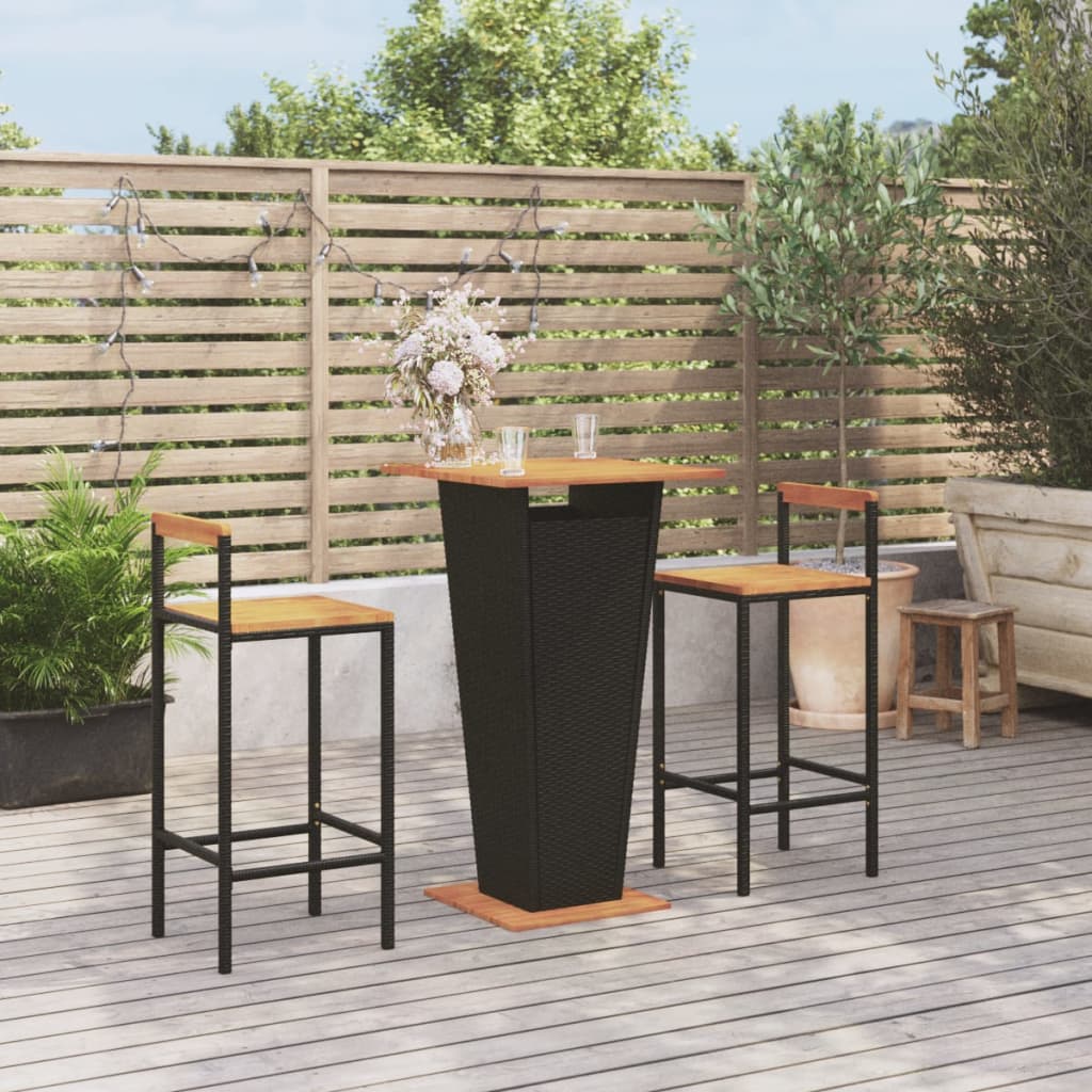 3 Piece Patio Bar Set Black Poly Rattan&Solid Wood Acacia