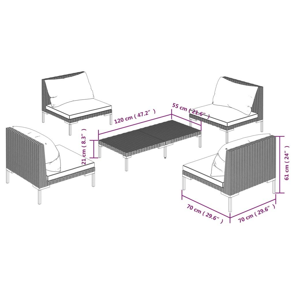 5 Piece Patio Lounge Set with Cushions Poly Rattan Dark Gray