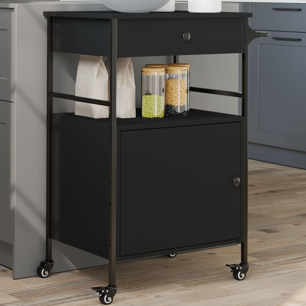 Kitchen Trolley Black 22"x16.9"x35.2" Engineered Wood