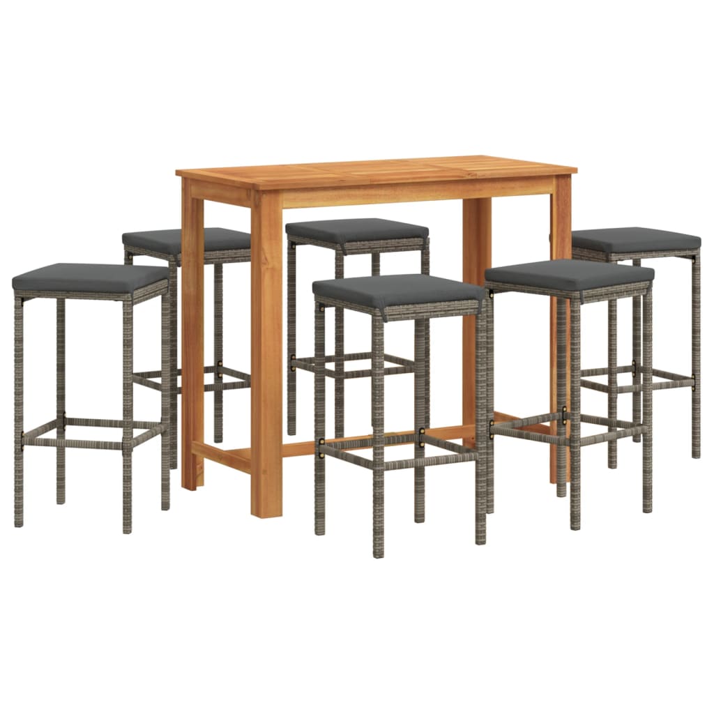 7 Piece Patio Bar Set Gray Solid Wood Acacia and Poly Rattan