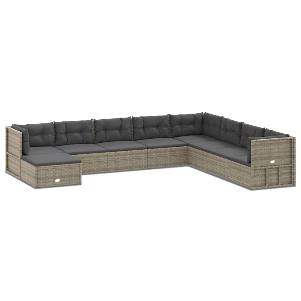 9 Piece Patio Lounge Set with Cushions Gray Poly Rattan