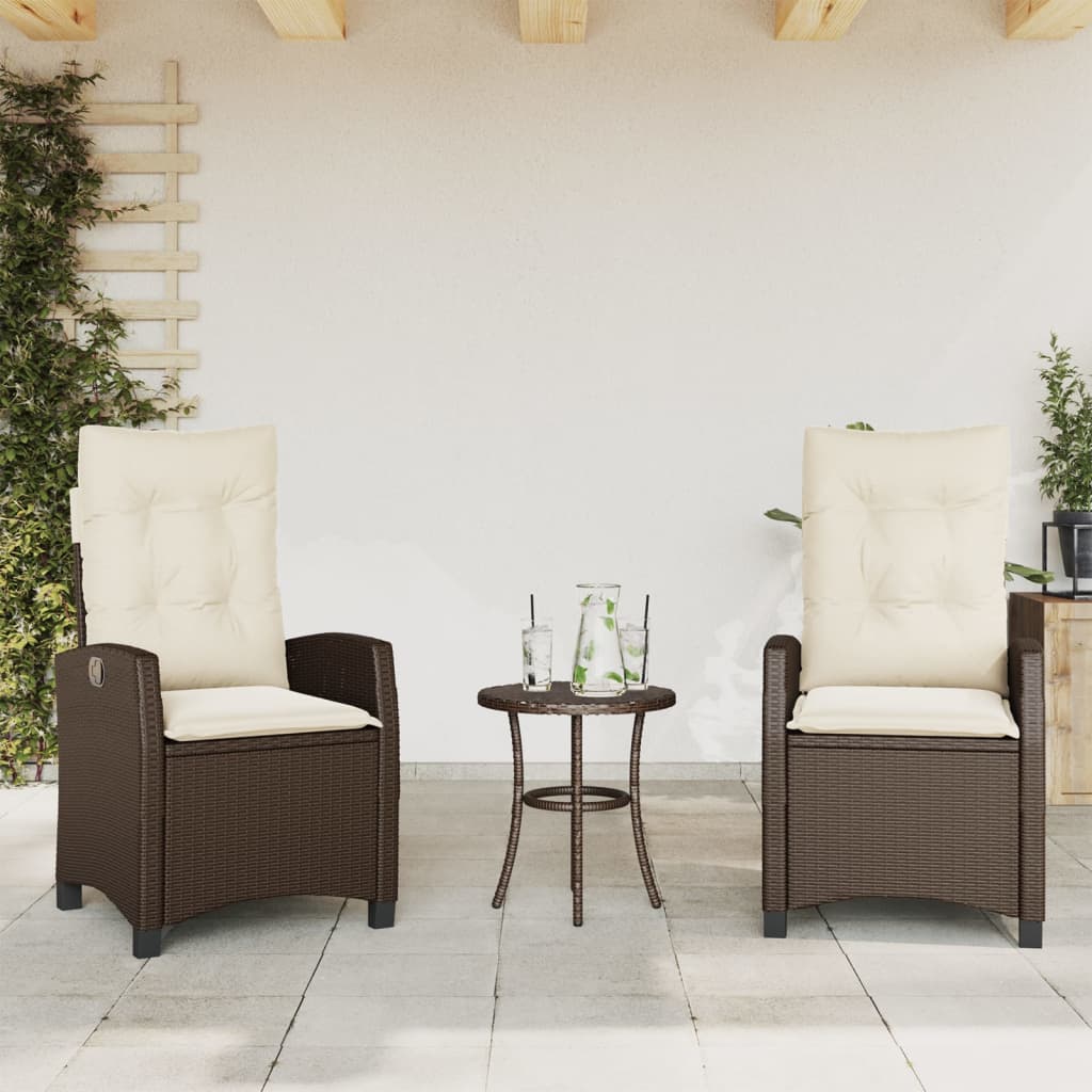 Reclining Patio Chairs 2 pcs with Cushions Brown Poly Rattan