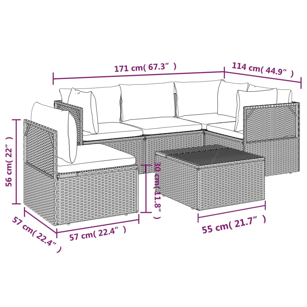 6 Piece Patio Lounge Set with Cushions Gray Poly Rattan