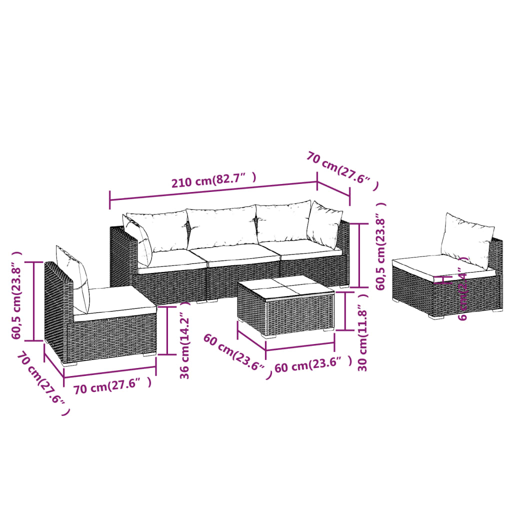 6 Piece Patio Lounge Set with Cushions Poly Rattan Brown