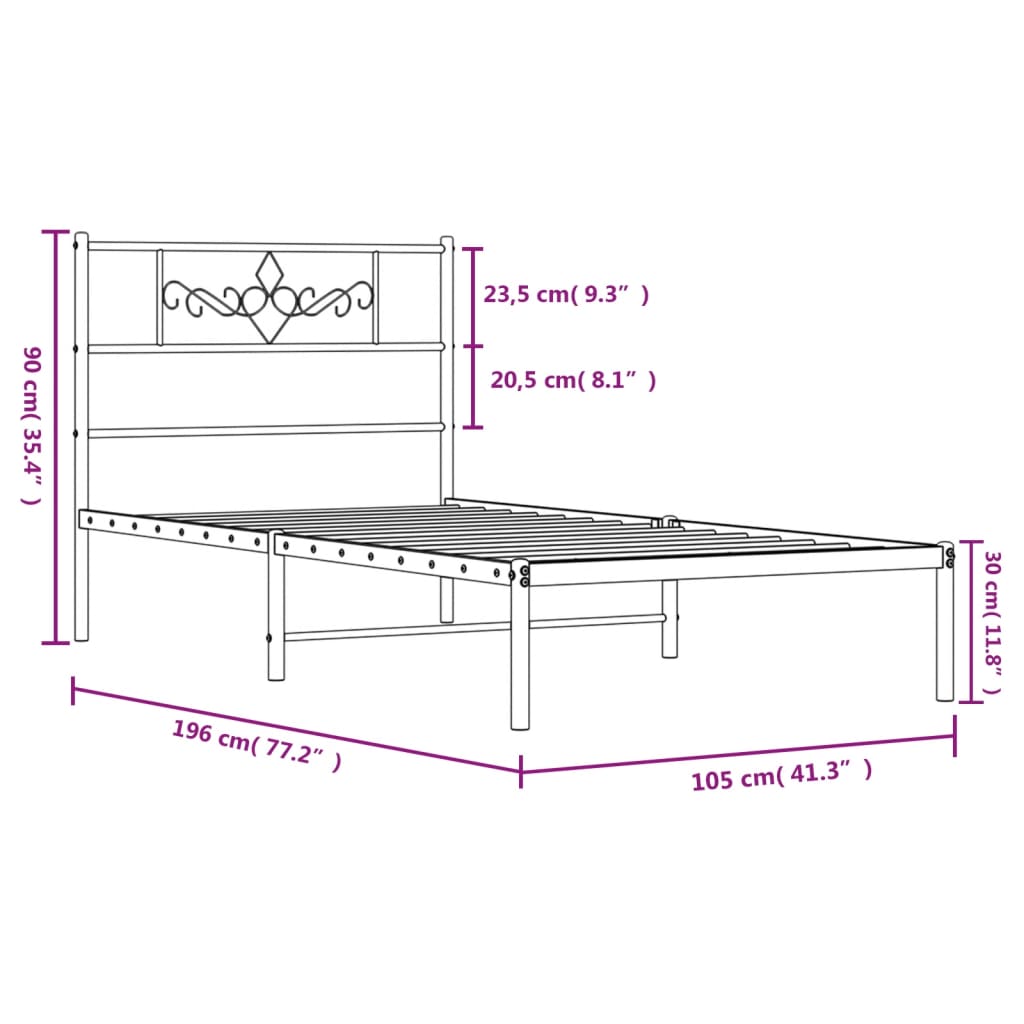 Metal Bed Frame without Mattress with Headboard Black 39.4"x74.8"