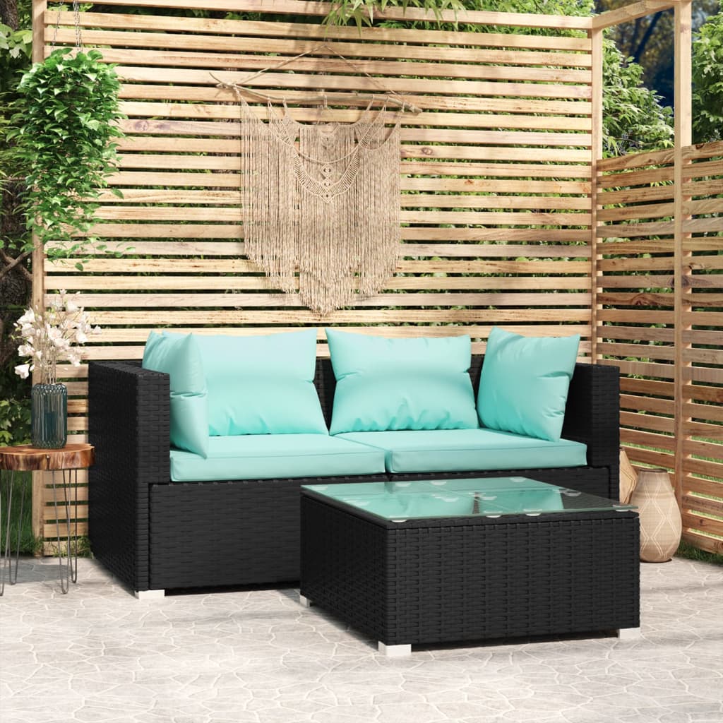 Patio Furniture Set 3 Piece with Cushions Black Poly Rattan