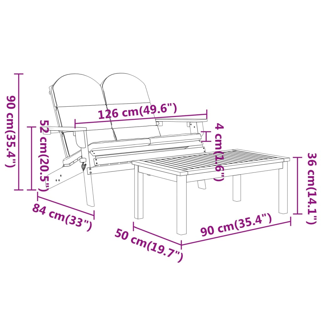 3 Piece Adirondack Patio Lounge Set Solid Wood Acacia