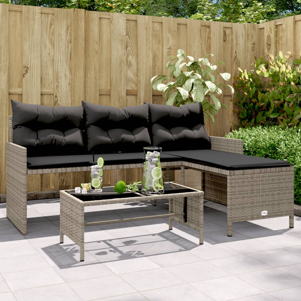 Patio Sofa with Table and Cushions L-Shaped Black Poly Rattan