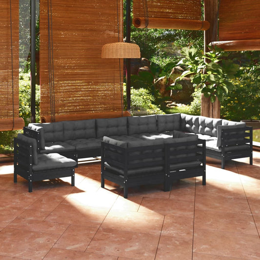 10 Piece Patio Lounge Set with Cushions Black Solid Pinewood