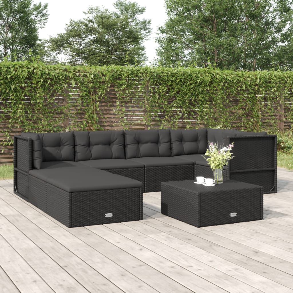 7 Piece Patio Lounge Set with Cushions Black Poly Rattan