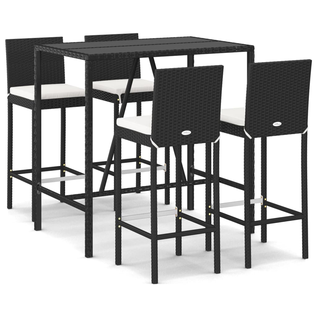 5 Piece Patio Bar Set with Cushions Black Poly Rattan