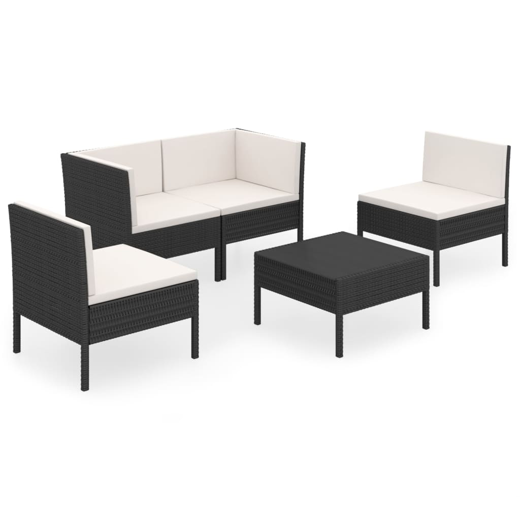 5 Piece Patio Lounge Set with Cushions Poly Rattan Black