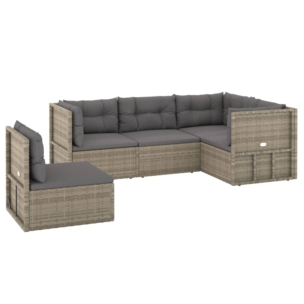 5 Piece Patio Lounge Set with Cushions Gray Poly Rattan