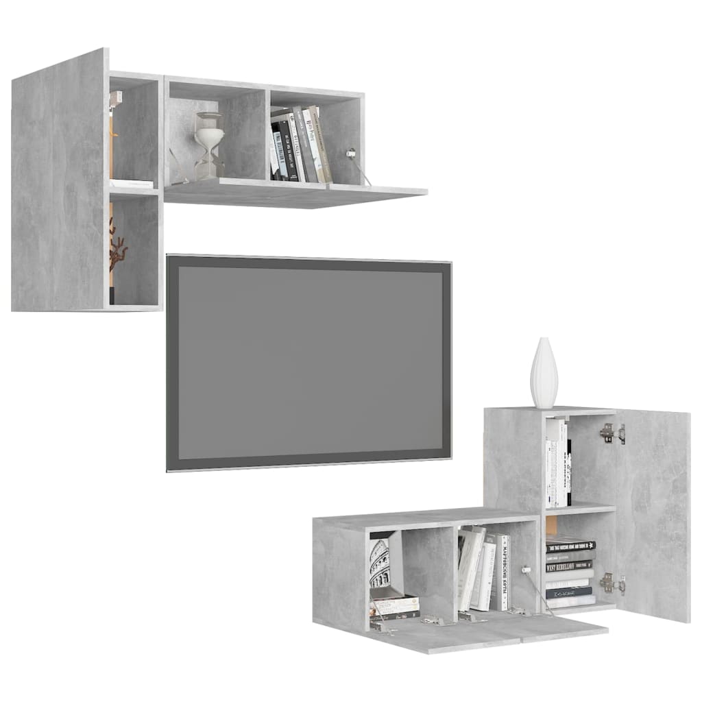 4 Piece TV Stand Set Concrete Gray Engineered Wood