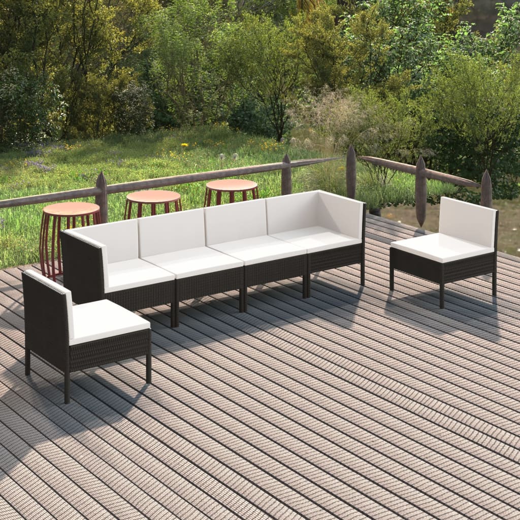 6 Piece Patio Lounge Set with Cushions Poly Rattan Black