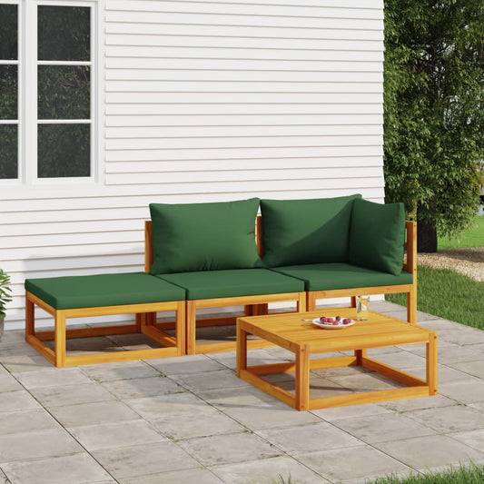 4 Piece Patio Lounge Set with Green Cushions Solid Wood