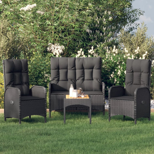 4 Piece Patio Dining Set with Cushions Black Poly Rattan