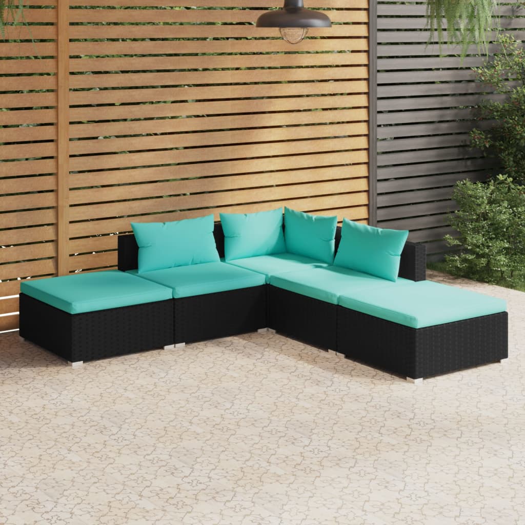 5 Piece Patio Lounge Set with Cushions Poly Rattan Black