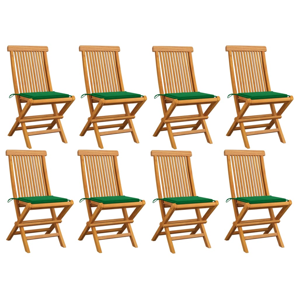 Patio Chairs with Green Cushions 8 pcs Solid Teak Wood