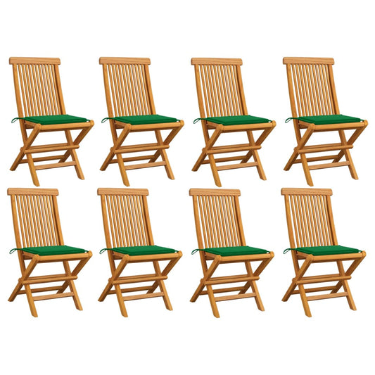 Patio Chairs with Green Cushions 8 pcs Solid Teak Wood