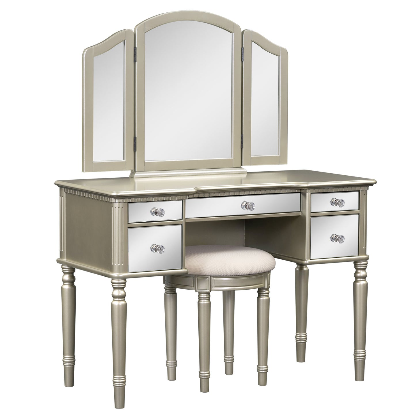 GO 43" Dressing Table Set with Mirrored Drawers and Stool, Tri-fold Mirror, Makeup Vanity Set for Bedroom, Gold