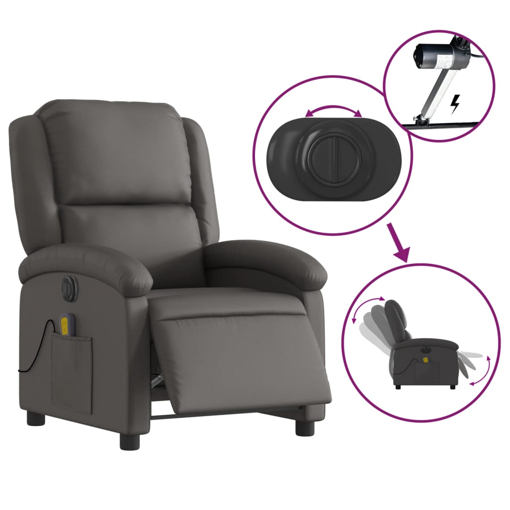 Electric Massage Recliner Chair Gray Real Leather