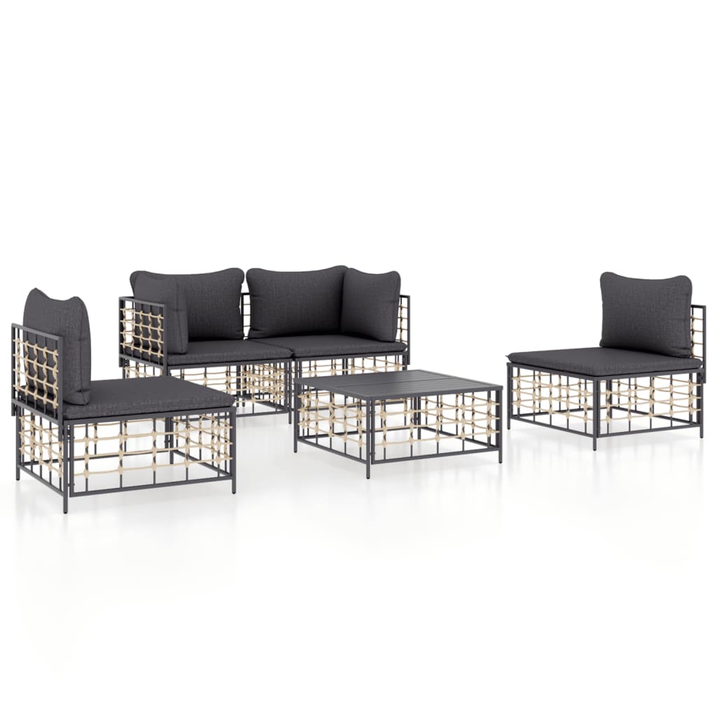 5 Piece Patio Lounge Set with Cushions Anthracite Poly Rattan