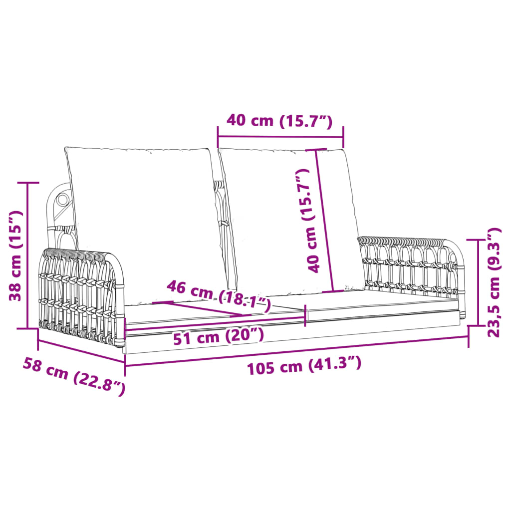 Swing Bench with Cushions 41.3"x22.8"x15" Poly Rattan and Steel