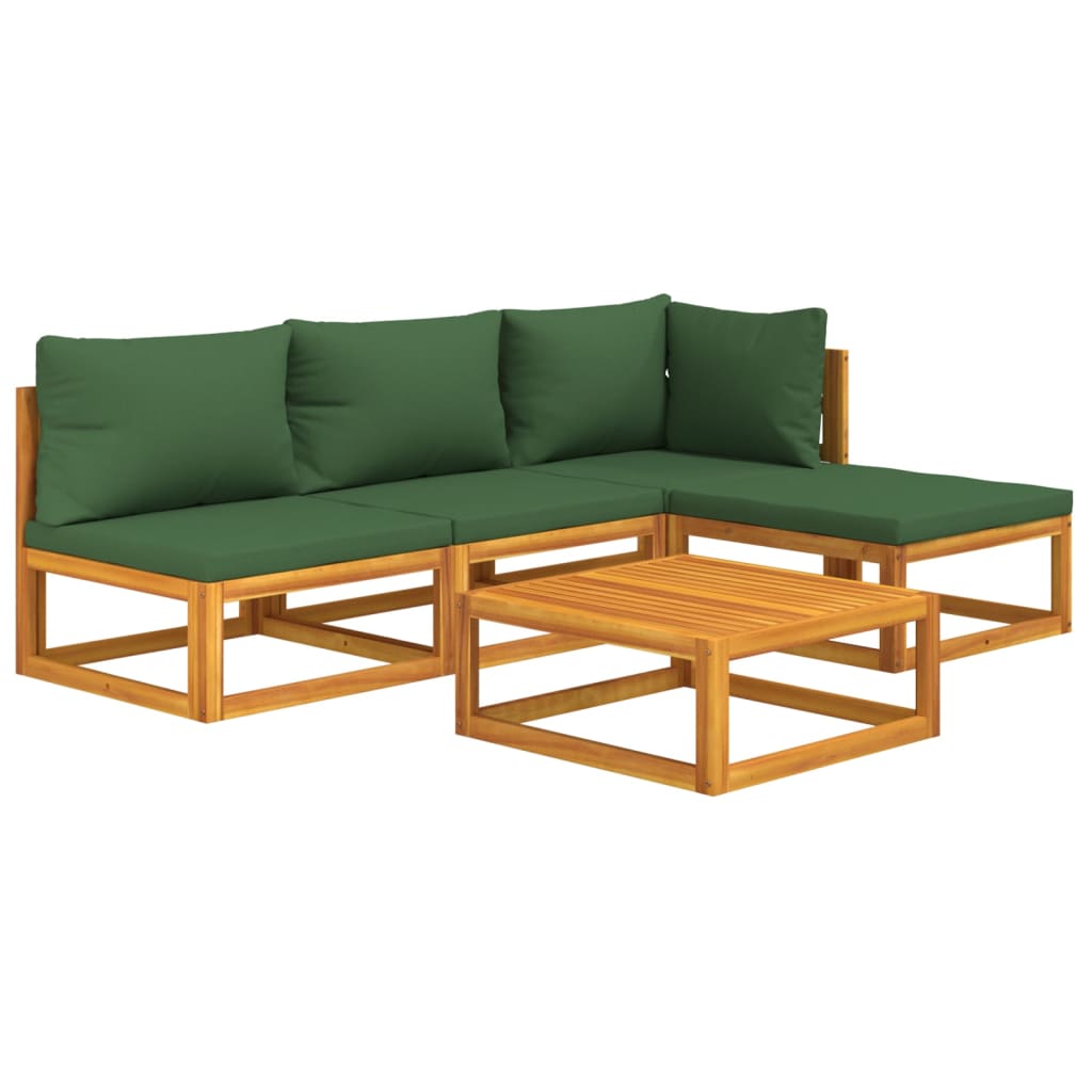 5 Piece Patio Lounge Set with Green Cushions Solid Wood