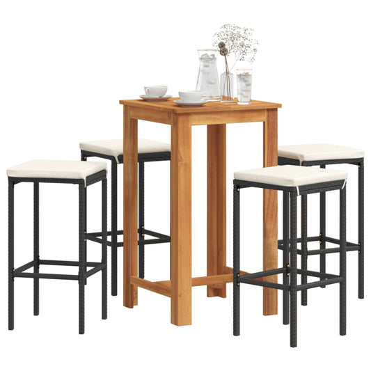 5 Piece Patio Bar Set Black Solid Wood Acacia and Poly Rattan