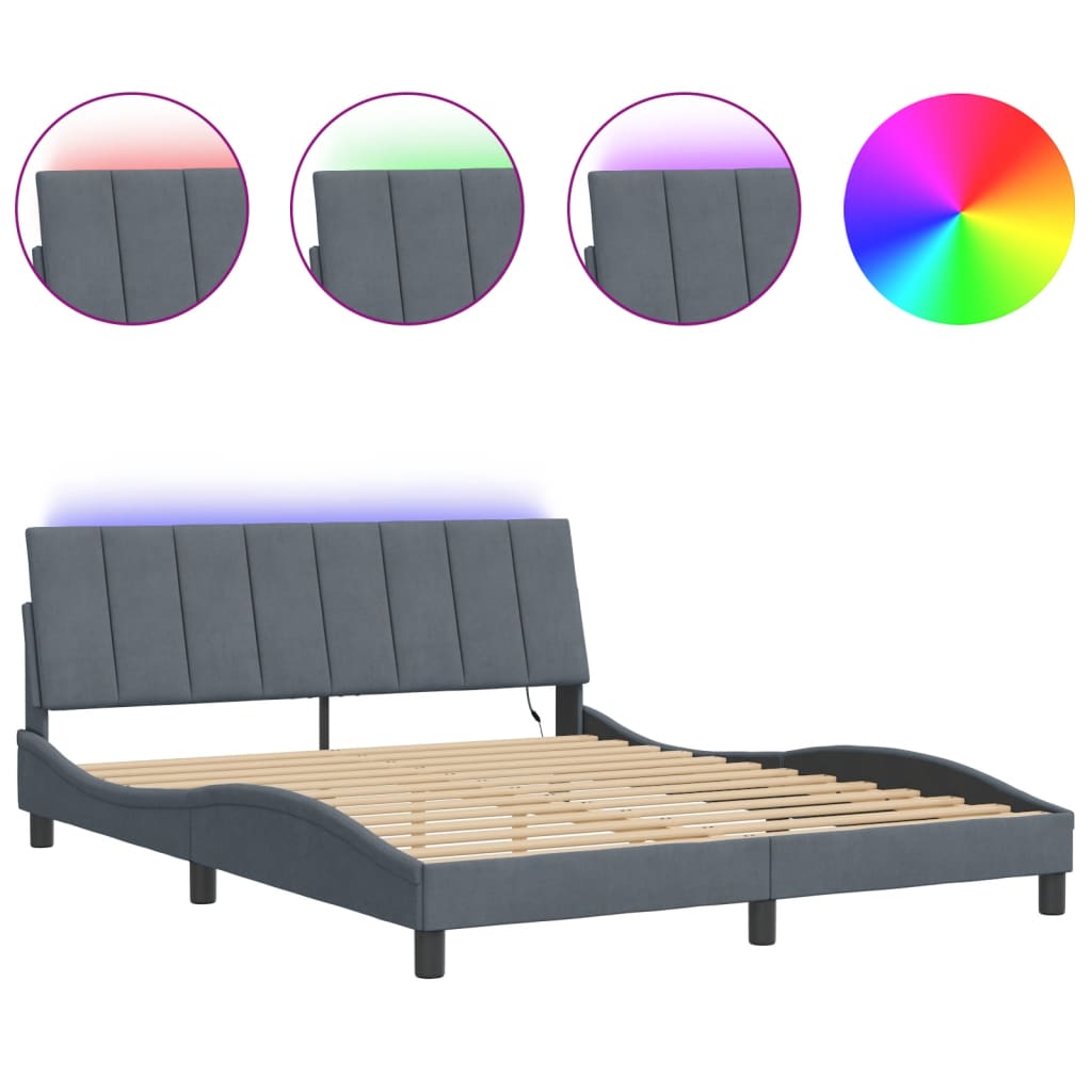 Bed Frame with LED without Mattress Dark Gray 59.8"x79.9" Velvet