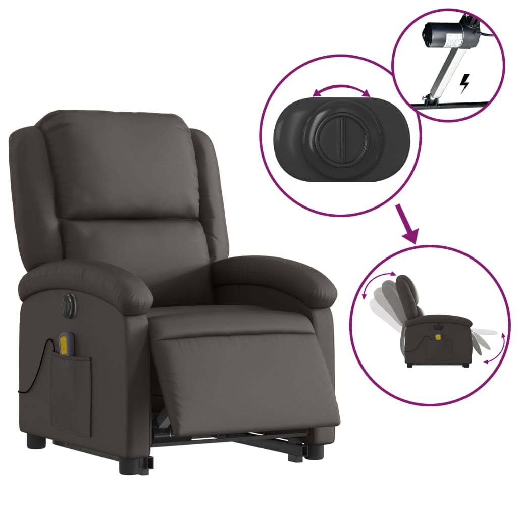 Electric Stand up Massage Recliner Chair Dark Brown Real Leather