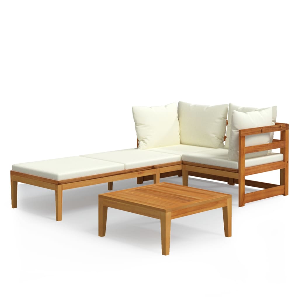 3 Piece Patio Lounge Set with Cream White Cushions Acacia Wood