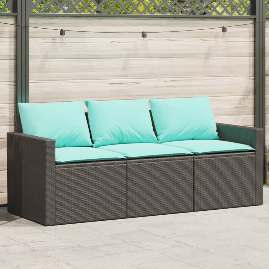 Patio Sofa with Cushions 3-Seater Black Poly Rattan