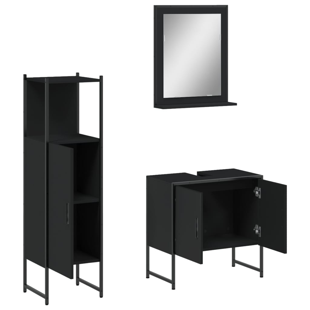 3 Piece Bathroom Cabinet Set Black Engineered Wood