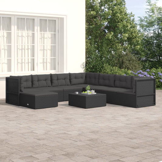 8 Piece Patio Lounge Set with Cushions Black Poly Rattan